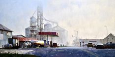 an oil painting of a gas station in the rain