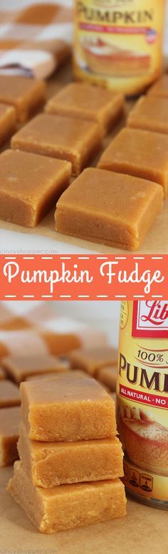Pumpkin Fudge - super tasty sweet treat during the fall and holiday season. You will find it smooth and creamy with amazing pumpkin spice flavors. Fudge, Dessert, Fudge Recipes, Desserts, Pumpkin Recipes, Homemade Pumpkin, Pumpkin Fudge