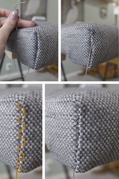 the sewing needle is being used to sew an upholstered pillow