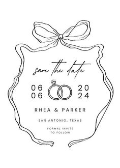 save the date card with two wedding rings and a bow on it in black ink