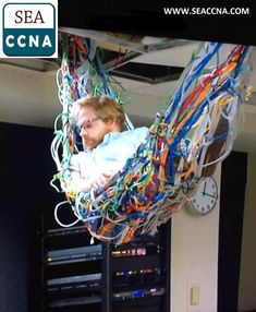a man is in the air surrounded by wires