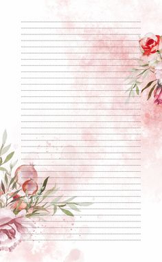 pink flowers and leaves on a white background with lines in the middle, as well as an empty space for text