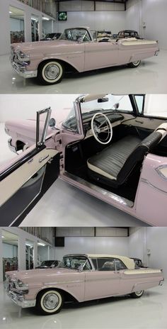 two pictures of an old pink car with the door open
