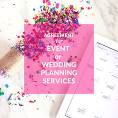 a tablet with confetti on it and the words agreement for event of wedding planning services