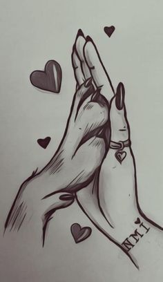 a drawing of two hands holding each other with hearts flying around the hand and on top of them