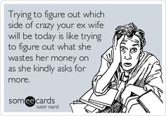 Trying to figure out which side of crazy your ex wife will be today is like trying to figure out what she wastes her money on as she kindly asks for more. Summer, When Im Bored, Cry For Help, Laughter