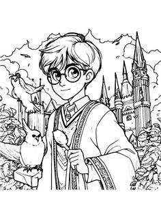 harry potter coloring page with hogwarts and hermile in the background,