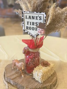 This is one of the 2 different style centerpieces i used for my son’s First Rodeo themed birthday party! I hand made the sign with my cricuit & gotta love the head on a stick too! Check out my blog post on the party to see the how & more inspo! #firstbirthdayparty #birthdaypartyideas #birthdaydecoration #firstbirthdaydecor #rodeo #centerpieces #western #partydecorations #diyideas Cowboy Birthday Party Decorations, Cowboy Party Centerpiece, Cowboy Centerpieces, Western Theme Party Decorating Ideas