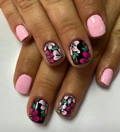 Costa Rica Nails Designs, August Nail Designs, Black Nails With Flowers, Floral Spring Nails, Floral Pedicure, Vintage Nails Design Retro, Spring Nails 2023 Gel, Fun Spring Nails Design, Talavera Nail Art