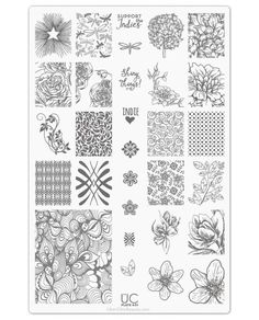 an assortment of flowers and leaves drawn in ink on white paper with the words, support index