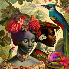 a painting of two women with flowers and birds on their heads, surrounded by tropical plants