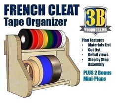 the french cleat tape organizer is made out of wood and has multiple colors