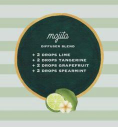the ingredients for mojits on a green and white striped background with lime slices