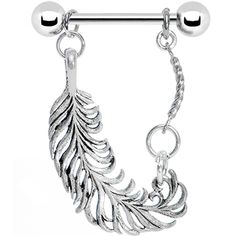 a pair of silver colored feathers dangling from a metal barbell ring with two balls on each end