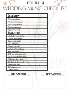 the wedding music checklist is shown in black and white