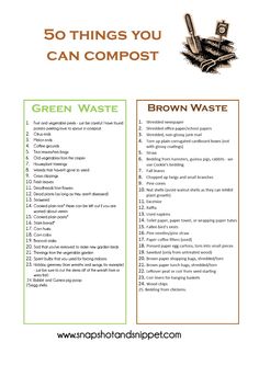 the 50 things you can compostt in green waste and brown waste info sheet