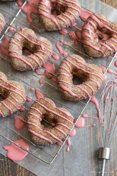 Baked apple cider donuts rolled in cinnamon sugar and topped with pomegranate glaze. Perfect for fall and so moist! Desserts, Sweets, Brunch, Dessert, Breakfast, Doughnut, Apple Cider Donuts Baked, Apple Cider Donuts, Apple Cider