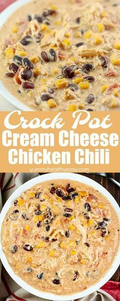 two pictures of cream cheese chicken chili with corn and black olives in the middle