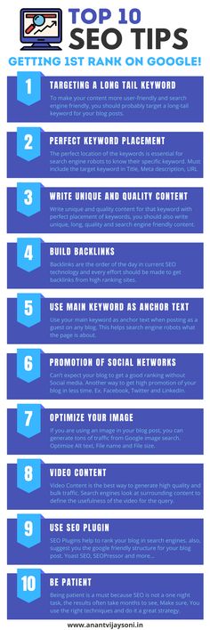the top 10 seo tips info sheet for your website or blog, including keywords