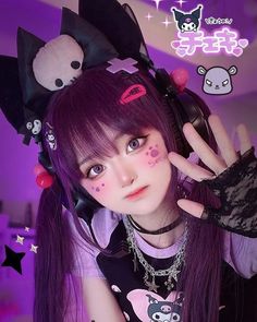 a girl with purple hair wearing headphones and cat ears, posing for the camera