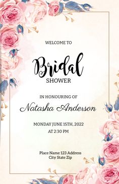a floral bridal shower card with pink roses