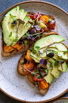 Bruschetta Avocado Toast | Healthy Little Vittles | Top your favorite gluten-free toast with a cherry tomato basil mixture, add a layer of avocado, vegan parmesan cheese, micro greens and flake salt. This Bruschetta Avocado Toast recipe is an easy and delicious vegan savory breakfast! Breakfast Recipes, Avocado, Healthy Recipes, Bruschetta, Breakfast, Toast, Tomato Breakfast, Avocado Toast, Comfort Food