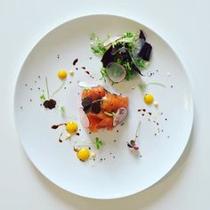Smoked salmon gravadlax, served with small salad, baby pickled radishes, sauce honey and truffle oil, gel of kumquat, wasabi mayonnaise, balsamic vinegar, micro greens and volcanic black Hawaii salt. Food Presentation, Pesto, Appetisers, Lunches, Food Photo