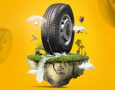 an image of a car tire on top of a floating island with trees and birds