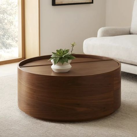 A Place to Store Blankets: West Elm Volume Round Storage Coffee Table West Elm, Home Décor, Round Drum Coffee Table, Drum Coffee Table, Round Coffee Table Living Room, Round Wood Coffee Table, Coffee Table Wood, Modern Coffee Tables, Coffee Table With Storage