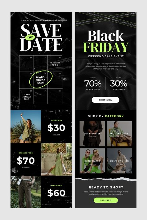 Elevate your brand with our trendy Black & Neon Green Canva email templates. Perfect for Black Friday, Cyber Monday, storewide sales, and holiday promotions. Create stunning email campaigns effortlessly with our chic designs and engage your customers this season. Web Layout, Layout Design, Black Friday Sale Email, Sale Emails, Black Friday Marketing, Black Friday Email, Email Campaign Templates, Email Branding, Email Campaign