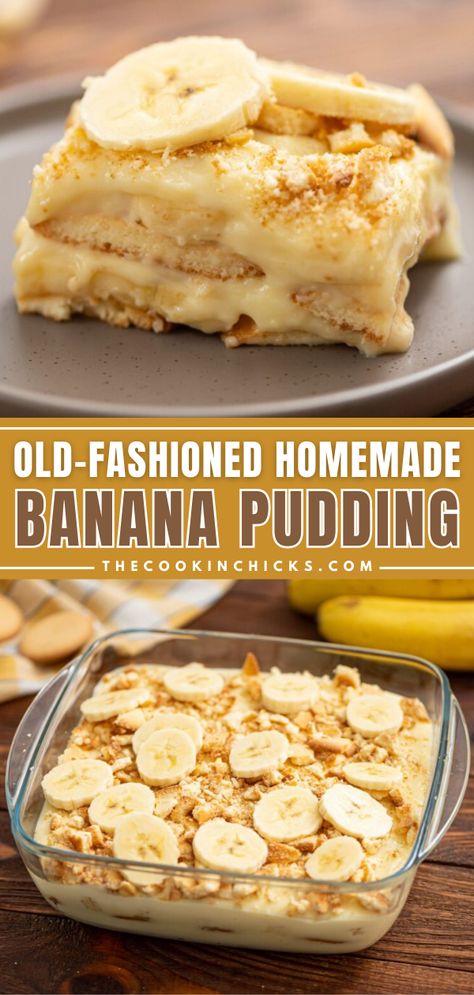 Old-Fashioned Homemade Banana Pudding from scratch is a quick and easy dessert. Rich and creamy vanilla pudding, combined with layers of crunchy vanilla wafers and perfectly ripe bananas. Easy to assemble and packed with flavor, this is a favorite at any gathering, potluck, picnic, or Holiday! Ideas, Pie, Pudding, Yemek, Layers, Pies, Backen, Bakken, Eten