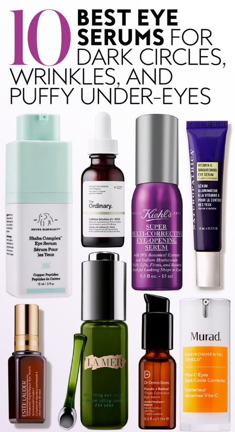 For anyone who's highly skeptical of eye cream's promises to actually soften wrinkles, along with crow's feet, and reducing puffiness, may we suggest you try an eye serum? Puffiness? Dark circles? Crow's feet? Fine Lines? Yup, there's an eye serum for that. Below, the 10 best eye serums for each and every skin concern.#antiaging #beauty #skincare Serum, Perfume, Best Eye Serum, Lotion For Oily Skin, Best Eye Cream, Moisturizer For Oily Skin, Eye Cream For Dark Circles, Eye Vitamins, Best Serum