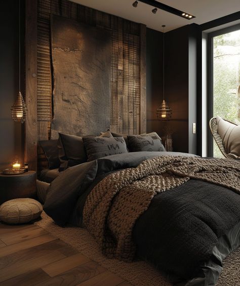 Eco friendly rustic bedroom featuring upcycled furniture pieces Interior, Bedroom, Accent Wall Bedroom, Modern Rustic Bedrooms, Rustic Bedroom Design, Masculine Master Bedroom, Modern Bedroom, Velvet Drapes, Masculine Bedroom