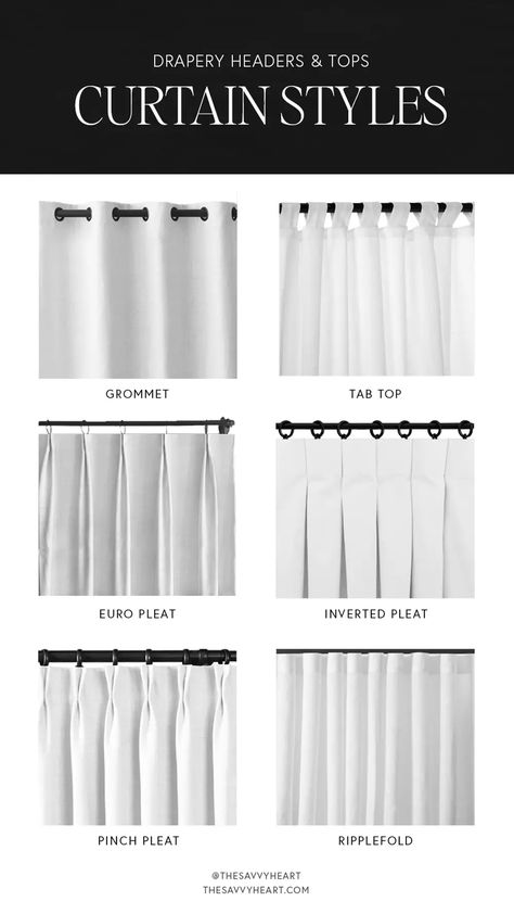 Different Drapery & Curtain Styles: What Types To Buy And Which Ones To Avoid | The Savvy Heart | Interior Design, Décor, and DIY Drapery Treatments, Different Curtain Styles, Types Of Curtains, Curtains And Draperies, Drapery Styles, Curtain Styles, Curtain Designs, Drapery, Curtain Styles Bedroom