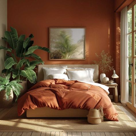 Create a Cozy Sanctuary with Warm Wall Colours for Bedrooms • 333+ Images • [ArtFacade] Ideas, Inspiration, Design, Earth Tone Bedroom, Earthy Bedroom, Bedroom Green, Bedroom Colors, Warm Bedroom Colors, Orange Rug Bedroom