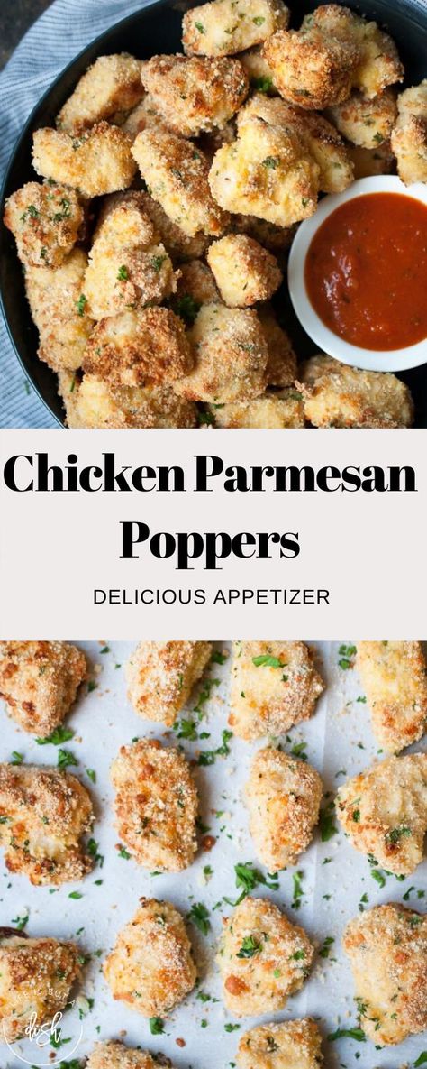 These Chicken Parmesan Poppers are a delicious appetizer that are sure to be a crowd favorite! #lifeisbutadish #chickenparmesan #chickenpoppers #appetizers Snacks, Apps, Quick Appetisers, Chicken Parm Appetizer, Tasty Chicken Parmesan, Chicken Appetizers, Quick Appetizer Recipes, Chicken Poppers, Quick Appetizers