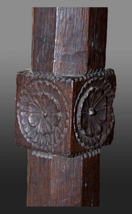 English Tudor oak bedstead, with heavy chamfered bed posts carved with the Tudor rose. Panelled head board and canopy. The bed has been re carved in the 17th century to add decoration to what would have been a very plain and simple old bed at the time. This bed belonged to Nathaniel. A. Owings. collector … Tudor History, Wardrobes, Antique Furniture, Henry Viii, Ideas, Tudor, Tudor Era, Old Beds, English Tudor