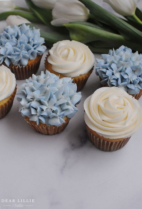 Hydrangea And Basic Rose Cupcakes Video Tutorials - Dear Lillie Studio Cake, Wedding Cupcakes, Cupcakes, Flower Cupcakes, Hydrangea Cupcakes, Rose Cupcake, Rose Cupcakes, Beautiful Cupcakes, Cupcake Icing Designs