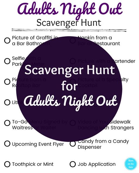 Printable Adults Night Out Scavenger Hunt Clues for Weekend Fun with a scavenger hunt for adults! #scavengerhunt #scavengerhuntclues #adultgames #adultscavengerhunt Adult Scavenger Hunt, Scavenger Hunt Clues, Scavenger Hunt Games, Scavenger Hunt For Kids, Scavenger Hunt Birthday, Scavenger Hunt Riddles, Scavenger Hunt, Adult Games, Picture Scavenger Hunts
