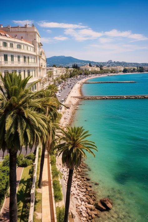 A serene view of the sunlit beach in Cannes with the Mediterranean sea. Croissant, Nice, Beachside, Nice Beach, Beach Fun, Beach, Beach Aesthetic, Breathtaking Views, Places To Travel