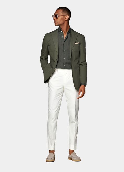 Casual, Outfits, Green Suit Jacket, Mens White Trousers, Mens Suits Green, Green Suit Men, Green Suits For Men, Green Jacket Men, Dark Green Blazer Outfit Men