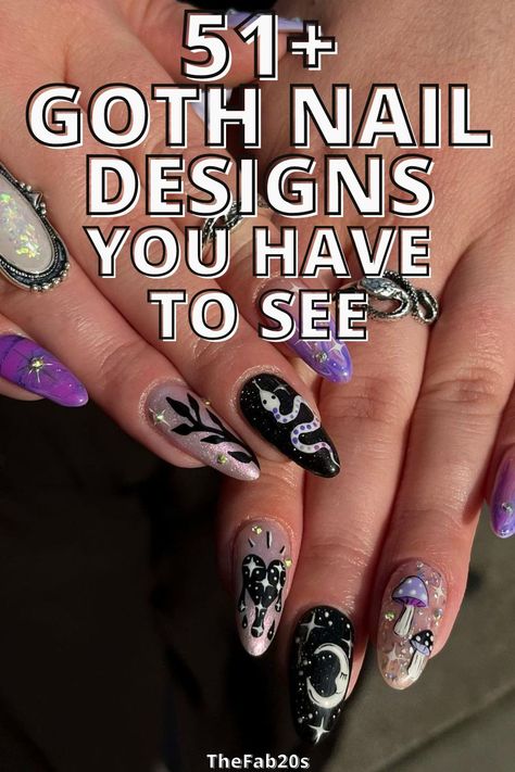 Goth nail designs Acrylics, Goth Nails, Gothic Nail Art, Gothic Nails, Witch Nails, Goth Nail Art, Witchy Nails, Punk Nails, Skull Nails