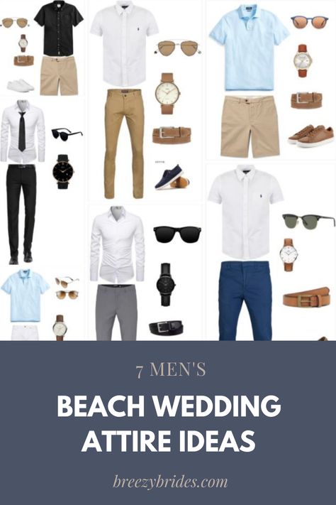 Invited to a destination or beach wedding and not sure what to wear? You know it’ll be too warm for a full suit, but don’t know how dressed down to go. Or, on the other hand, you may be thinking of wearing shorts, but don’t know if that’s appropriate. This post will offer more advice on how to navigate your outfit and offer 7 men’s beach wedding attire ideas for you. Casual, Mens Beach Wedding Guest Attire, Mens Beach Wedding Attire, Mens Casual Beach Wedding Attire, Mens Summer Wedding Outfits, Mens Beach Wedding Shoes, Men Wedding Attire Guest, Beach Wedding Men Outfit, Casual Wedding Attire For Men