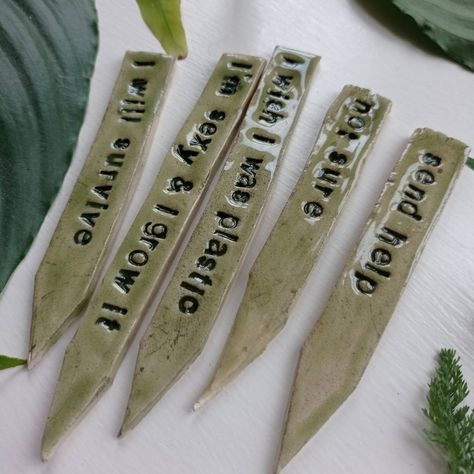 Ceramic plant tags with fun plant themed puns on. These make a great gift for a house plant obsessed person or to give alongside a plant to add fun and more meaning to your gift.  Sold in bundles of five. Each group is created with a gift giving occasion in mind. For example; wish someone good luck (for an exam/driving test/or change of job); say thank you to a great friend; send some to the enthusiastic but maybe not so green fingered gardener friend; send some cheeky innuendos to a lover on Va Diy, Crafts, Plant Tags, Plant Markers, Garden Gifts, Crafty, Tags, Gifts For Friends, Plant