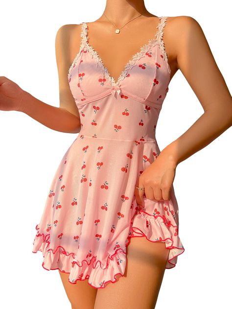 PRICES MAY VARY. 95% Polyester, 5% Elastane Imported Pull On closure Comfy and lightweight material, it is breathable and skin-friendly Feature: cherry print, v neck, lace trim, ruffle hem, sleeveless, spaghetti strap, short nightgown, cute chemise for women, summer pajama dress Style: Comfortable and soft to wear, good to wear it to spend your leisure time at home Occasion: sleep, pajama party, loungewear, nightwear and so on Please check our size info in the below product description or the la Fashion, Cute Home Outfits, Moda, Pajamas Women, Fashion Outfits, Pajama Dress, Vestidos, Seductive Clothes, Cute Nightgowns