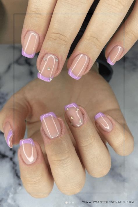 Pastel Purple French Tip Nails with diamonds French Tip Nails, French Gel Nail Designs, Purple French Manicure, Squoval Nails, Purple Acrylic Nails, Glitter French Manicure, Short Square Acrylic Nails, Short Acrylic Nails Designs, Simple Gel Nails