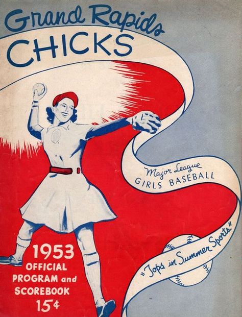 Grand Rapids Chicks baseball program - 1953. The All-American Girls Professional Baseball League is part of the Baseball Hall of Fame in Cooperstown. The Midwest was a stronghold of the League for years. (Go to www.aagpbl.org/  for more.) Baseball, Design, Espn Baseball, America's Pastime, Baseball League, Wrigley, League, Baseball Program, Baseball Playoffs
