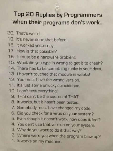 Top 20 Programmer Excuses Science Humour, Jokes, Software, Humour, Programing Jokes, Programming Humor, Coding Humor, Programmer Jokes, Science Humor