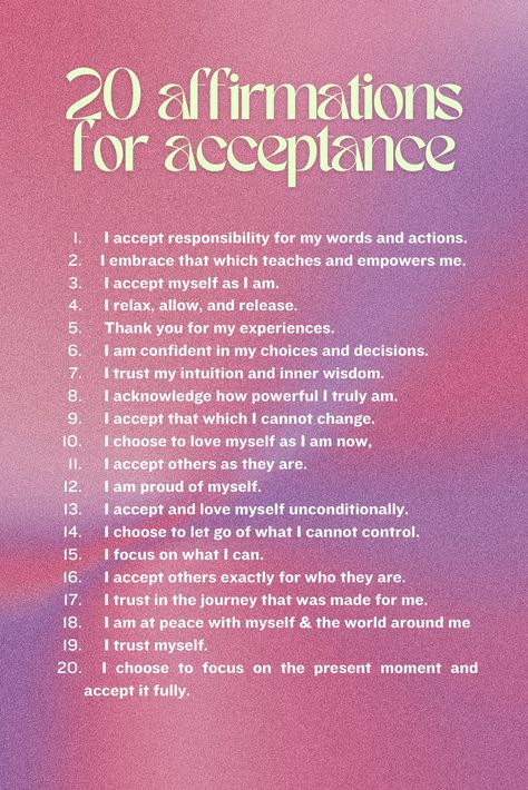 Daily affirmations for women Empowering list of quotes Affirmations for radical acceptance, self-acceptance, embracing who you are, mindfulness, self-love, positive self-talk, inner peace, mental health, personal growth, self-improvement, healing, manifestation, spirituality Motivation, Mindfulness, Tattoos, Embrace, Self, Reference, Understanding, Life, Empowerment
