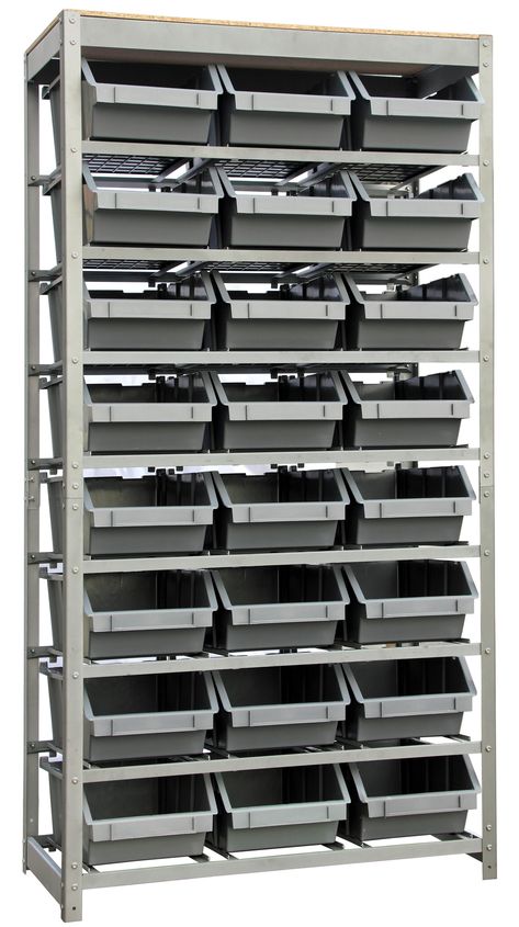 Introducing the brand new bin rack. A new friend in your garage or working place. Effectively helps to organize the tools and parts. This bin rack is with a great storage capacity of 24 bins in its tiny body. Occupying only less than 4 square feet of room space, this closet high bin rack with 8 tiers of bins will help you organize things like parts and tools efficiently. Visible bin openings let everything conveniently accessible. KING'S RACK Storage Bin Rack System Steel Heavy Duty 8-Tier Utili Storage Shelves With Bins, Garage Storage Bin Organization, Small Business Inventory Storage, Lawn Chair Storage, Makerspace Storage, Storage Bin Rack, Vending Trailer, Screw Storage, Garage Storage Bins